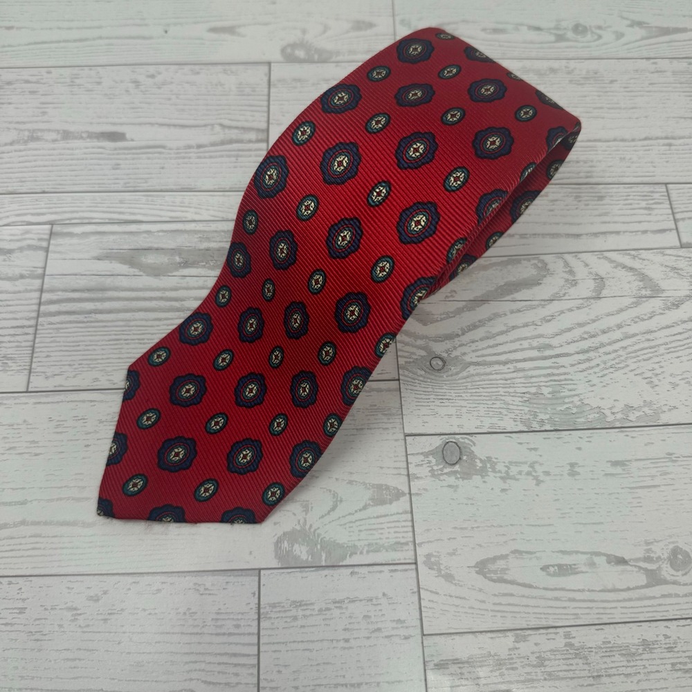 Polo Ralph Lauren Mens Silk Tie Red Blue Medallion Geometric Ribbed Necktie